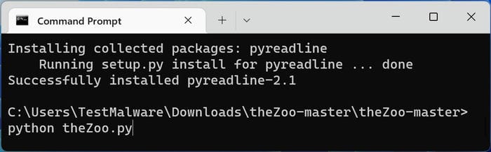 Терминал Windows: запуск theZoo через python theZoo.py