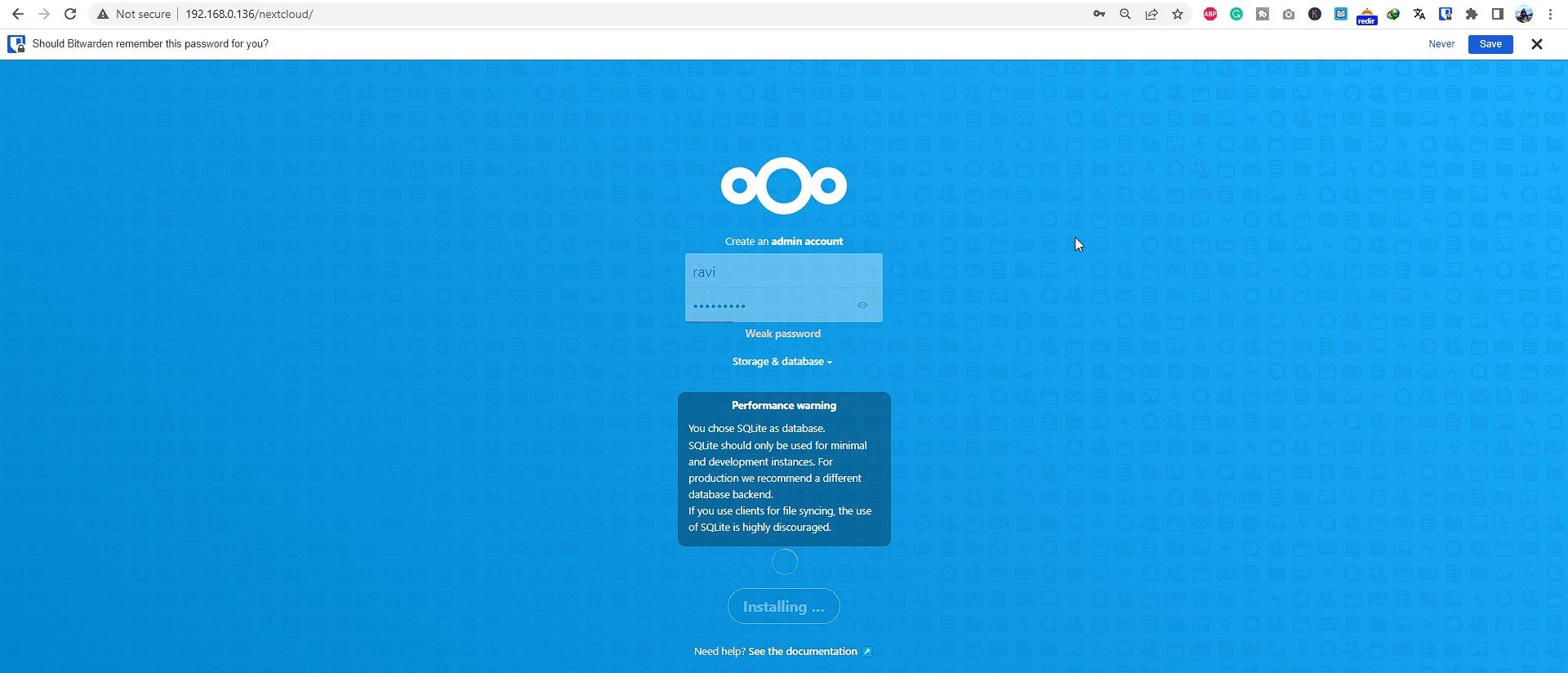 Вход в интерфейс Nextcloud
