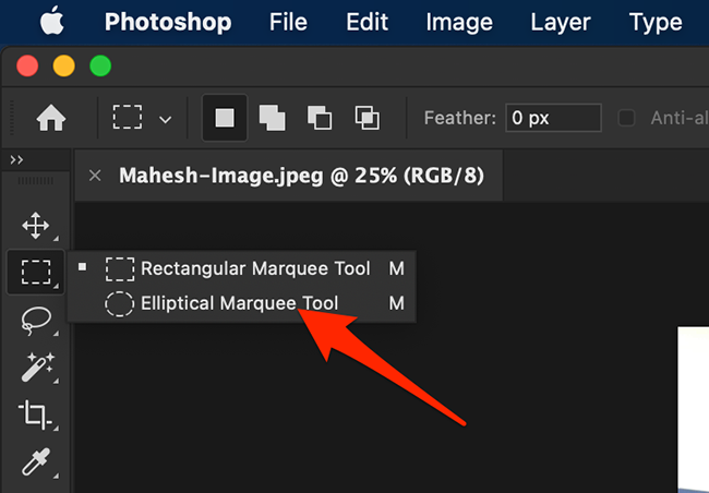 Выберите Эллиптическая область в панели инструментов Photoshop