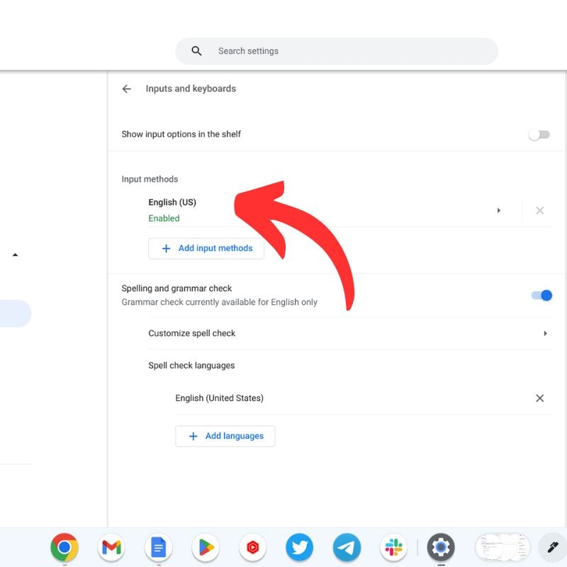 Опция Добавить методы ввода в настройках Chromebook