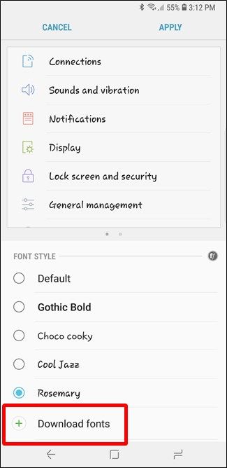 Кнопка Загрузить шрифты внизу меню Шрифт и масштаб экрана
