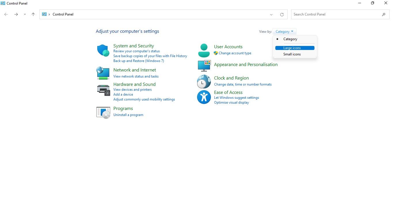 Выбор режима просмотра Крупные значки в Панели управления