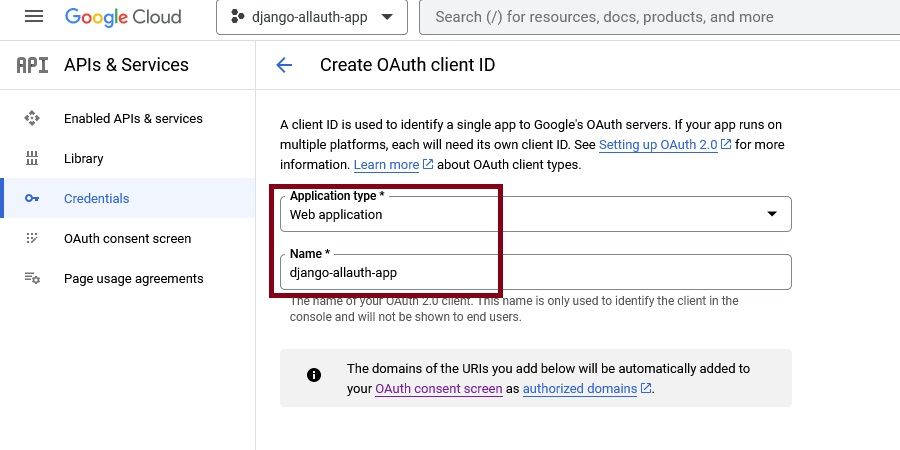 Выбор типа приложения и имени для OAuth client ID