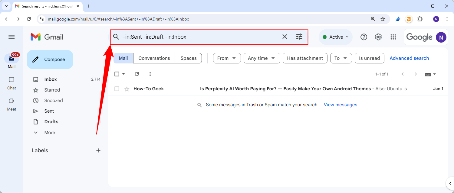 Пример фильтров поиска в строке поиска Gmail для поиска писем вне папок «Входящие», «Отправленные», «Черновики».