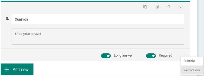 Microsoft Forms question settings