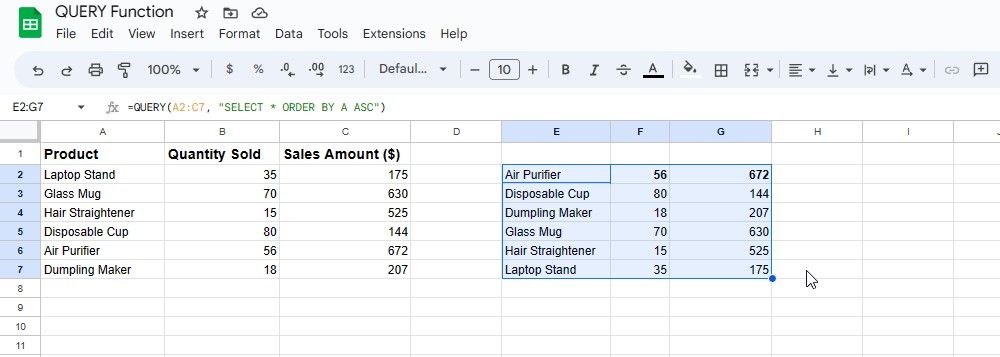 Пример сортировки данных с помощью QUERY