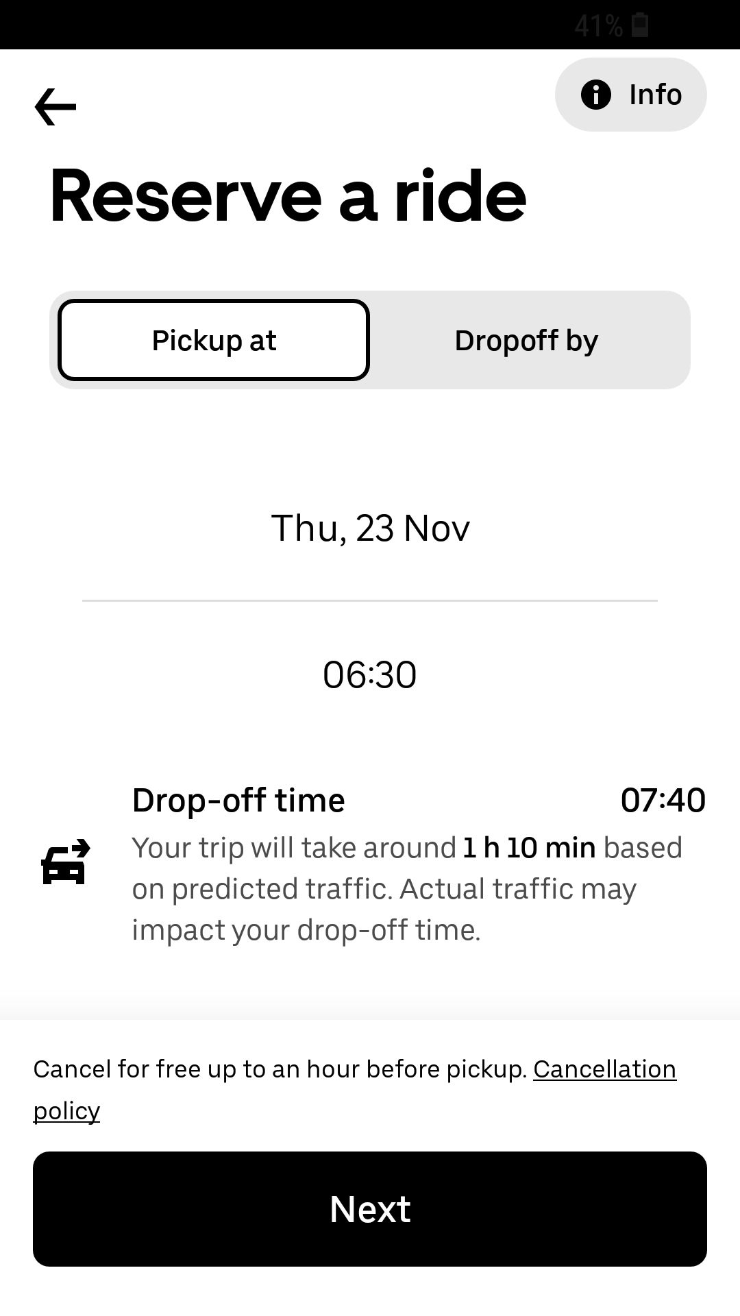 Выбор времени посадки и высадки в приложении