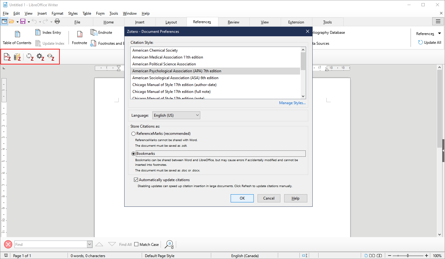 Плагин Zotero в LibreOffice Writer