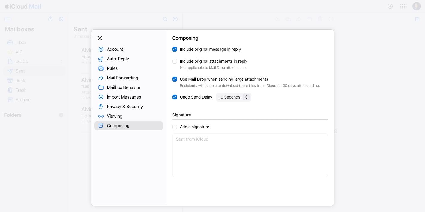 Mail Drop eanbled in iCloud.com