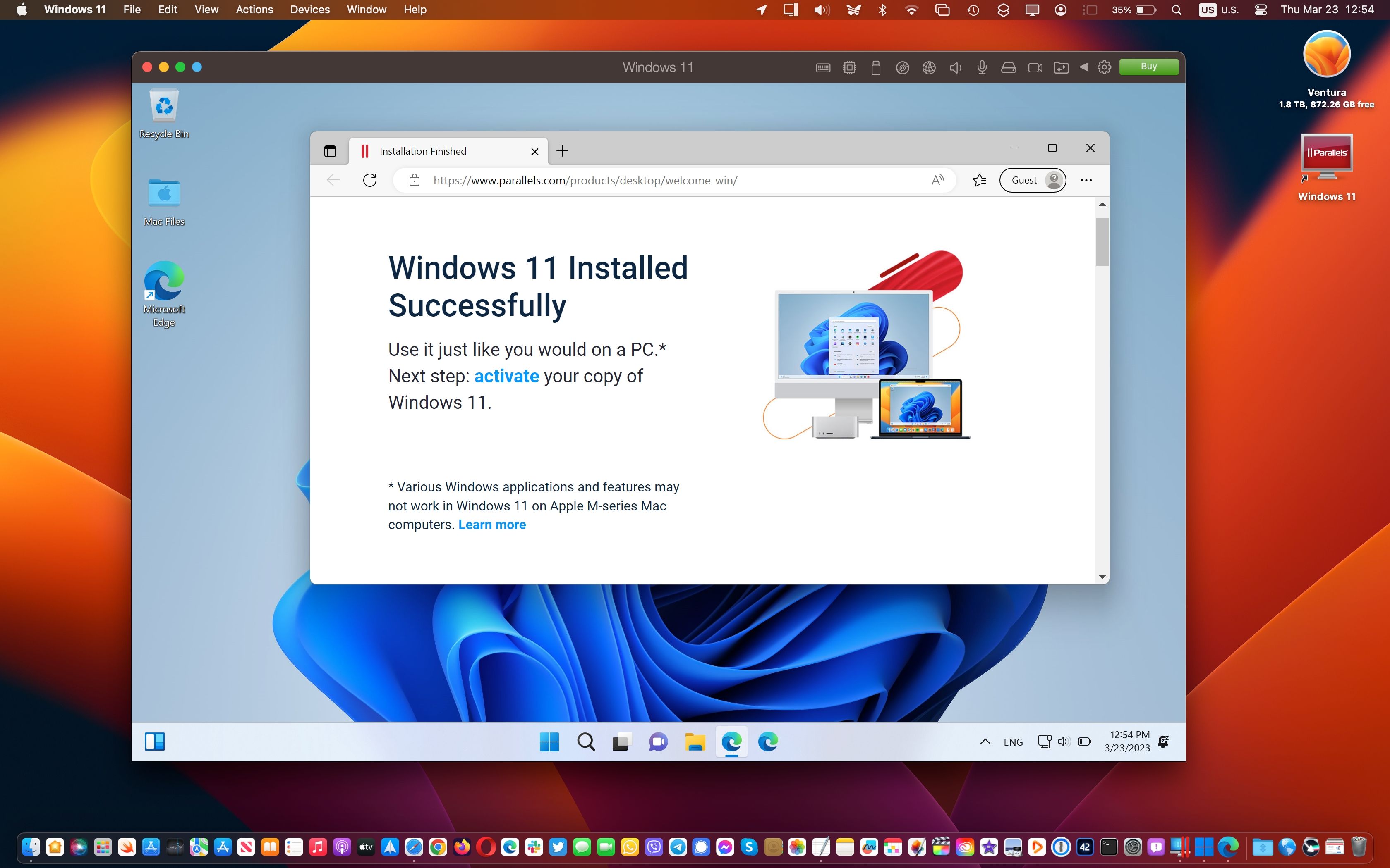 Windows 11 запущен в окне macOS через Parallels Desktop