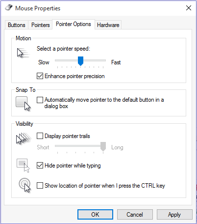 Окно 'Свойства: Мышь' с вкладкой 'Параметры указателя'