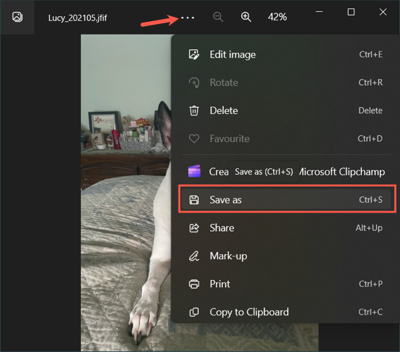 Меню «Дополнительно» в Photos с опцией «Сохранить как»