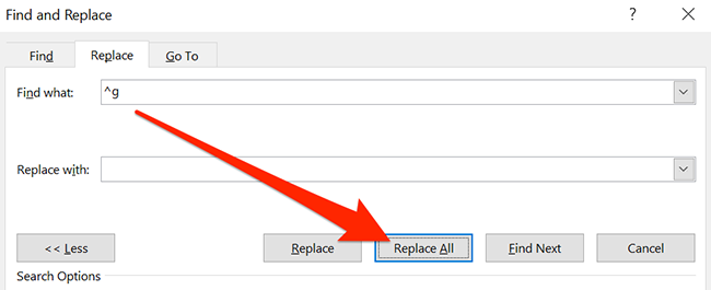 Нажмите «Заменить все» в окне Найти и заменить