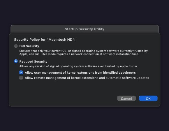 Разрешение управления расширениями ядра для разработчиков