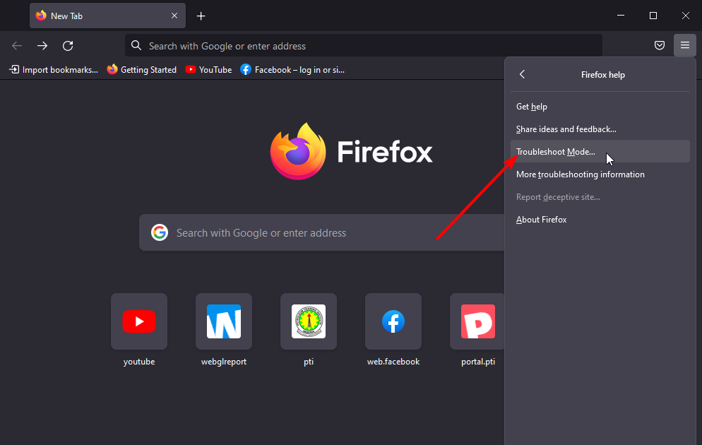 Выбор режима устранения неполадок в Firefox