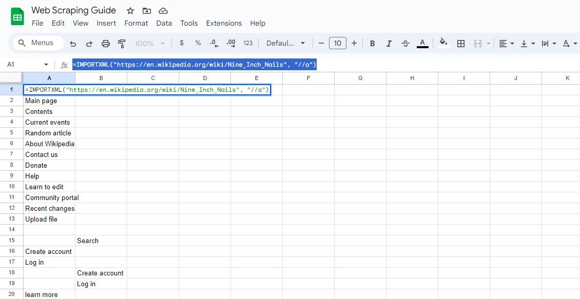 Пример: сбор текста ссылок на странице с IMPORTXML