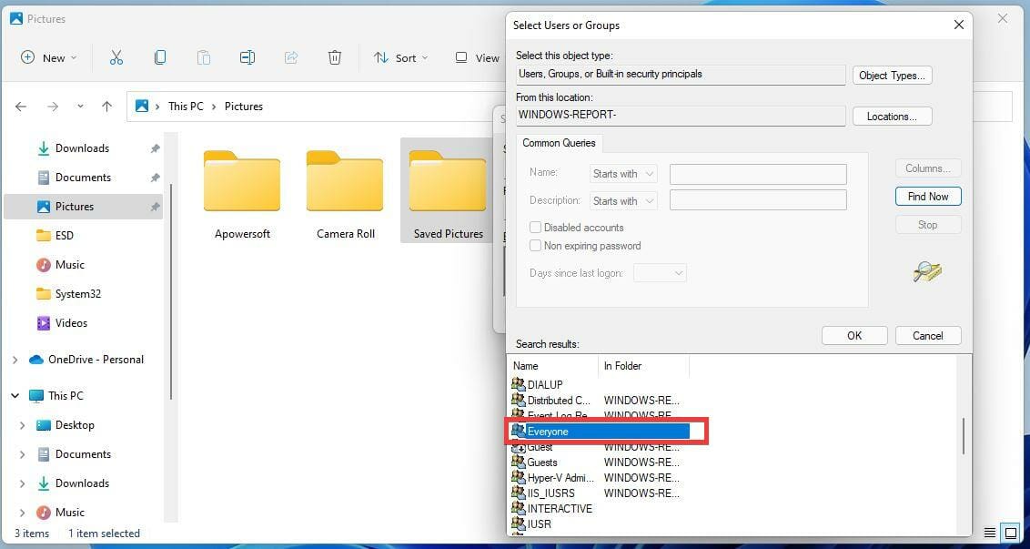 Группа Everyone добавлена в список пользователей и групп для доступа