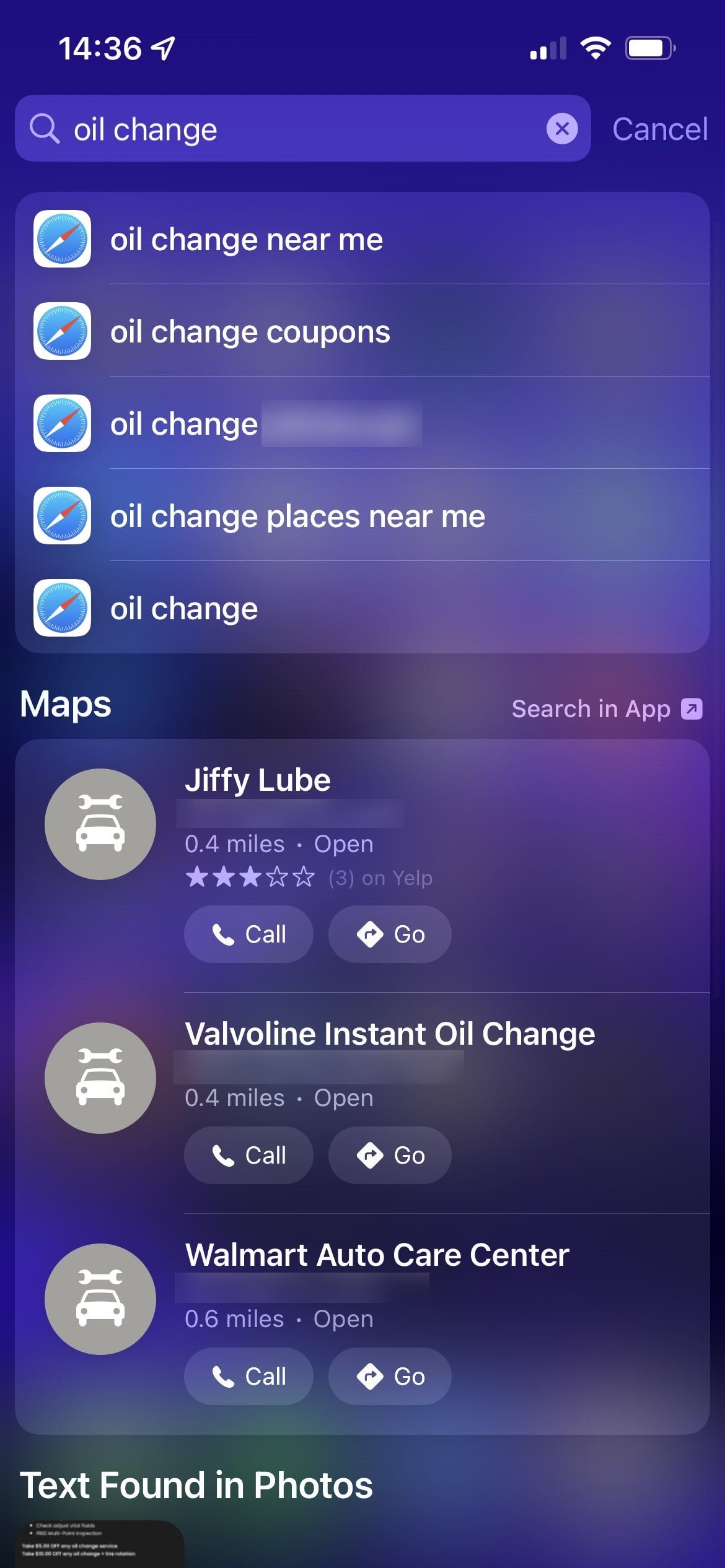 Результаты поиска локальных мест в Картах через Spotlight