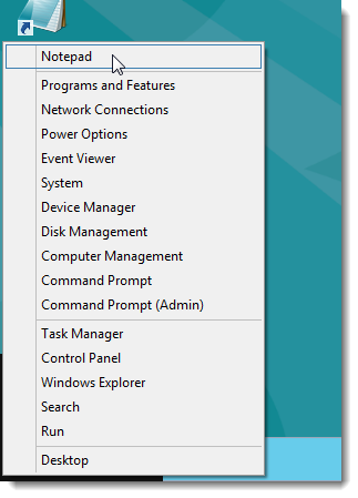 Добавленный Блокнот в меню Win+X