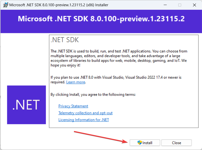 Кнопка Install в установщике .NET 8