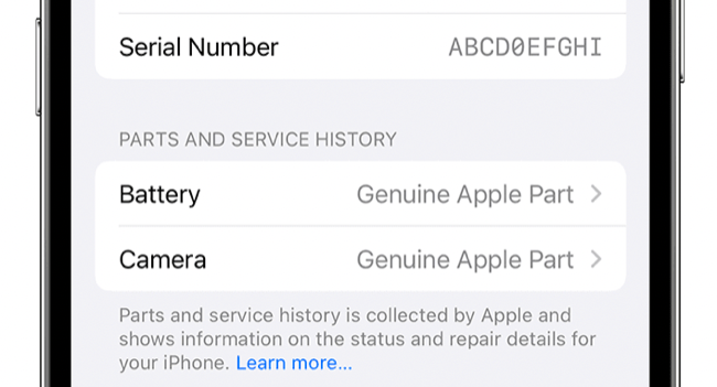 Экран истории деталей и обслуживания iPhone с перечнем замененных компонентов.