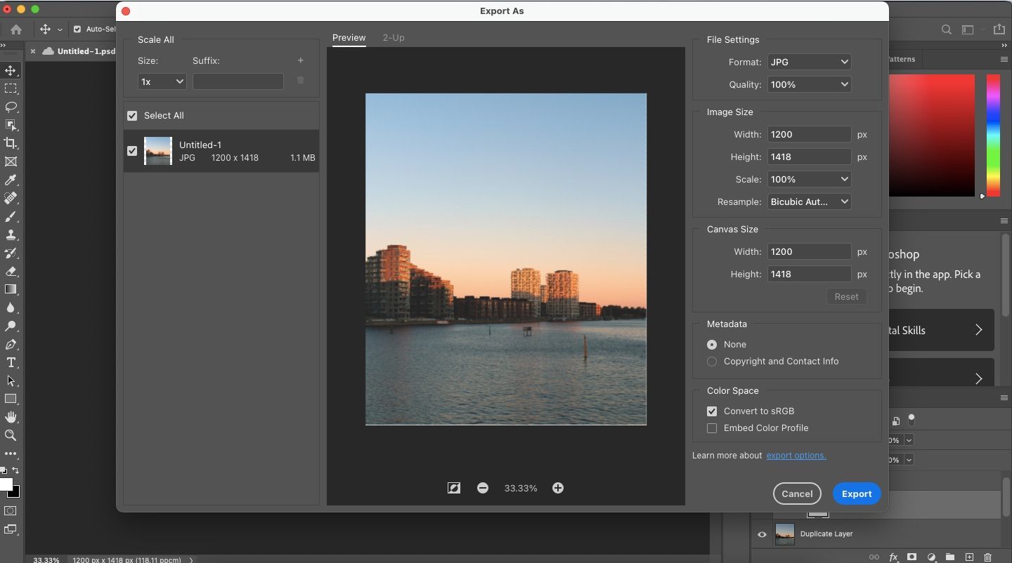 Скриншот экспорта фото в Photoshop