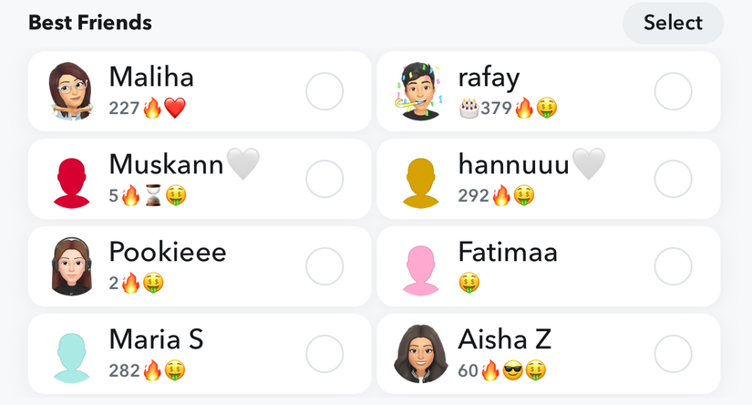 Список «Лучших друзей» в профиле Snapchat