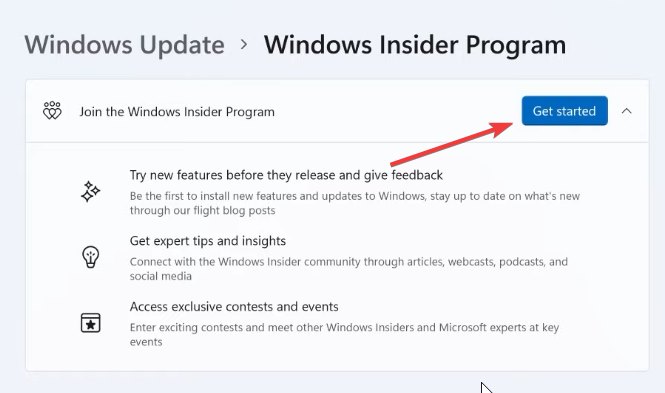 Кнопка Get Started в программе Windows Insider
