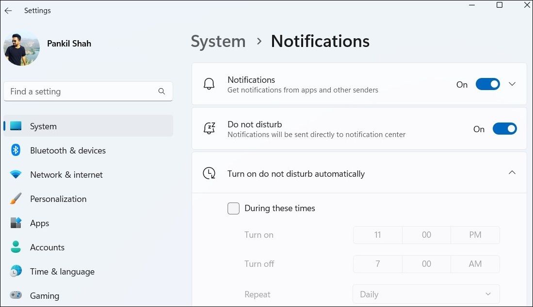 Отключение режима Не беспокоить в Windows 11