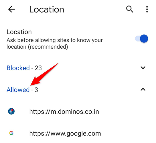 Список сайтов, имеющих доступ к местоположению на Android.