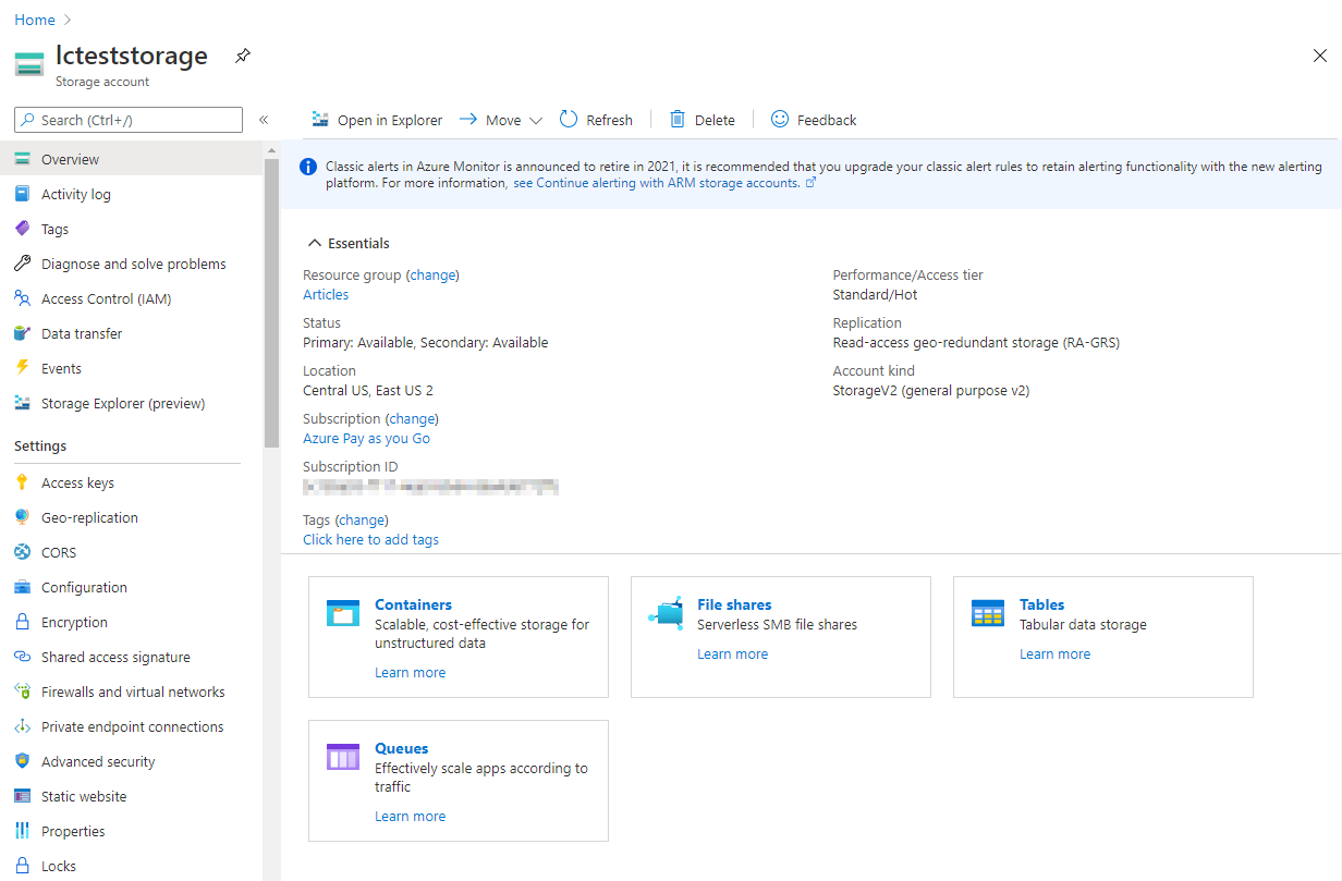 Доступные опции в учетной записи хранения