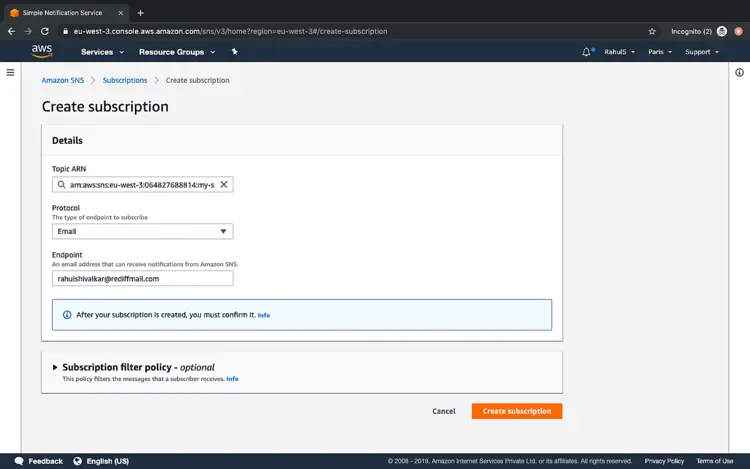 Письмо-подтверждение подписки от AWS SNS