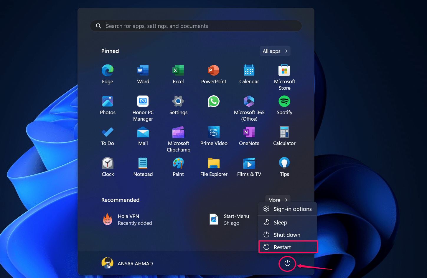 Кнопка перезагрузки в меню Windows