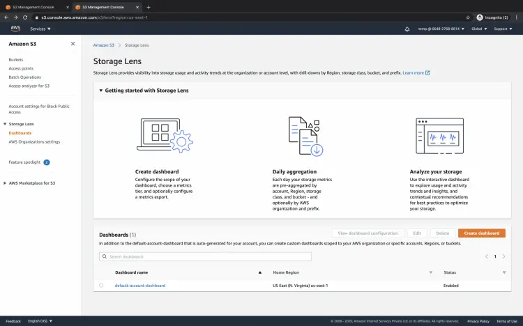 Кнопка создания дашборда в S3 Storage Lens