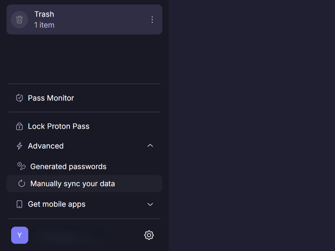 Manually sync data option in Proton Pass sidebar.