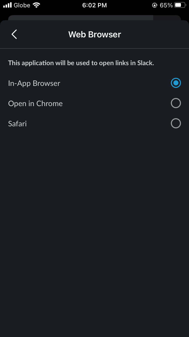 Выбор браузера в мобильном Slack
