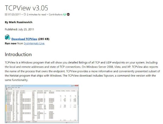 Pagina di download di TCPView