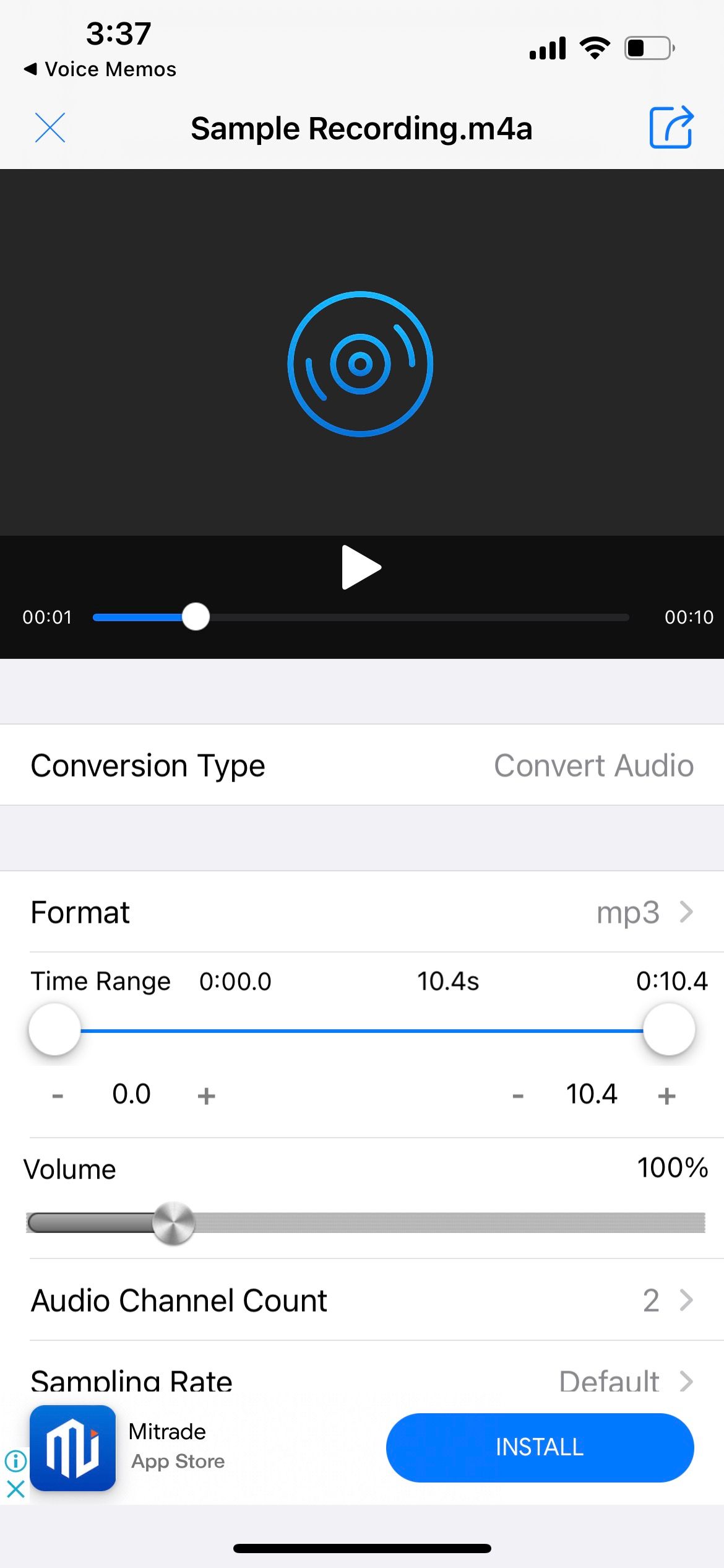 настройки конвертации M4A→MP3 в приложении Media Converter на iPhone