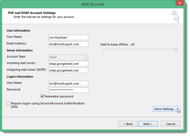 Окно настройки POP и IMAP