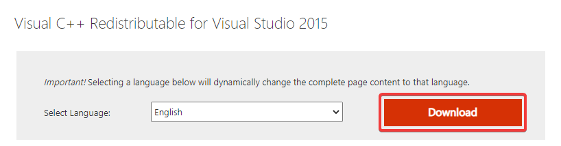 Страница загрузки пакета Visual C++ Redistributable: кнопка Скачать