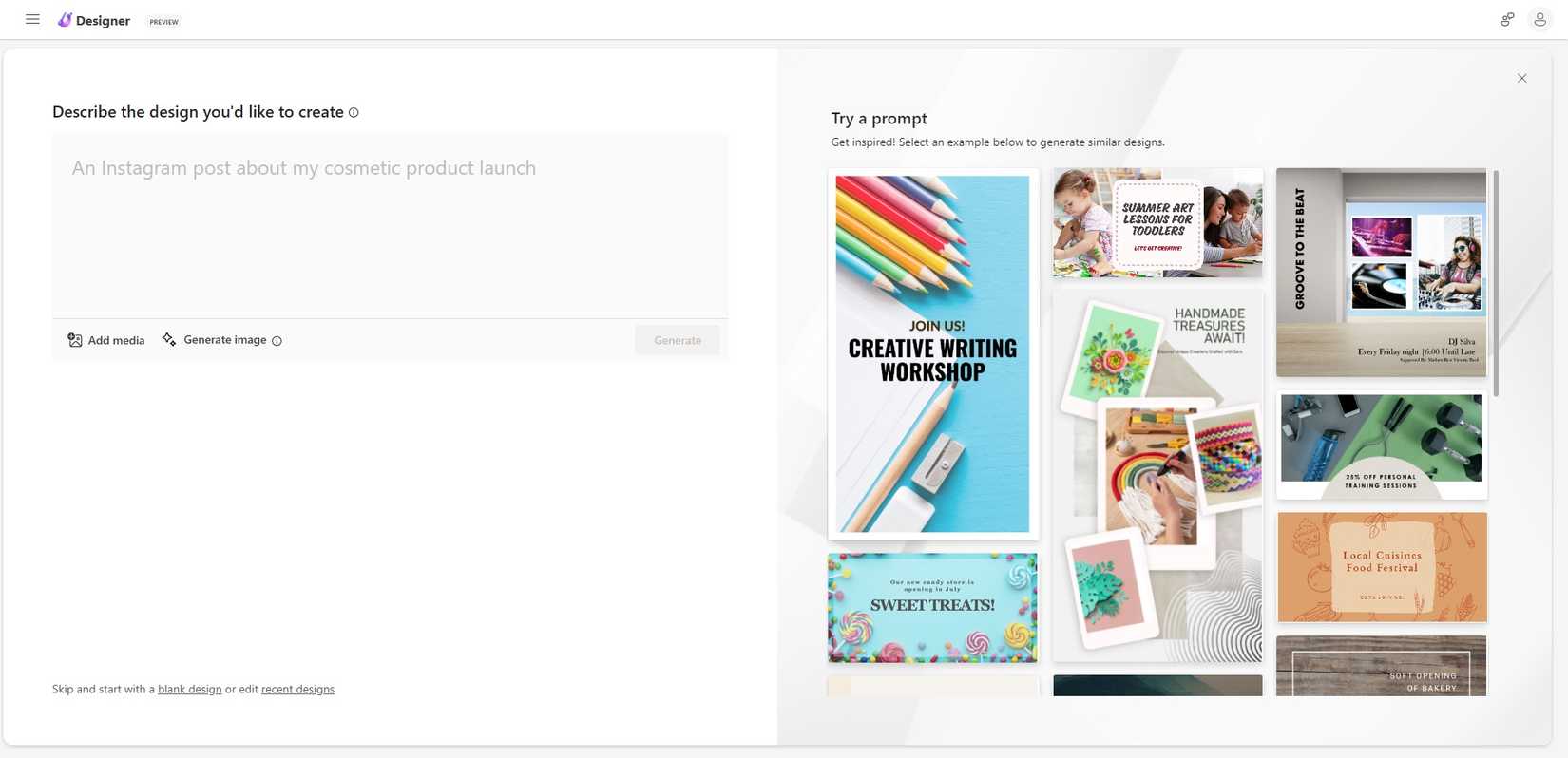 Экран создания нового дизайна в Microsoft Designer
