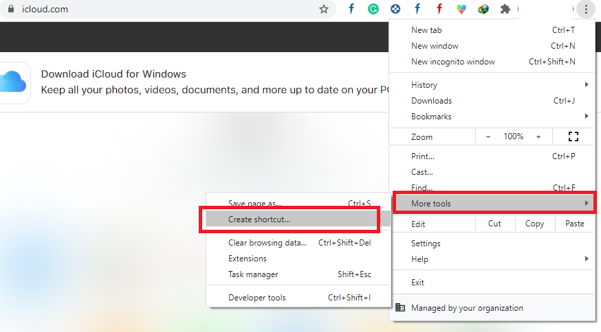 Меню браузера для создания ярлыка