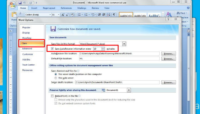 Снимок экрана: панель AutoSave в Office 365