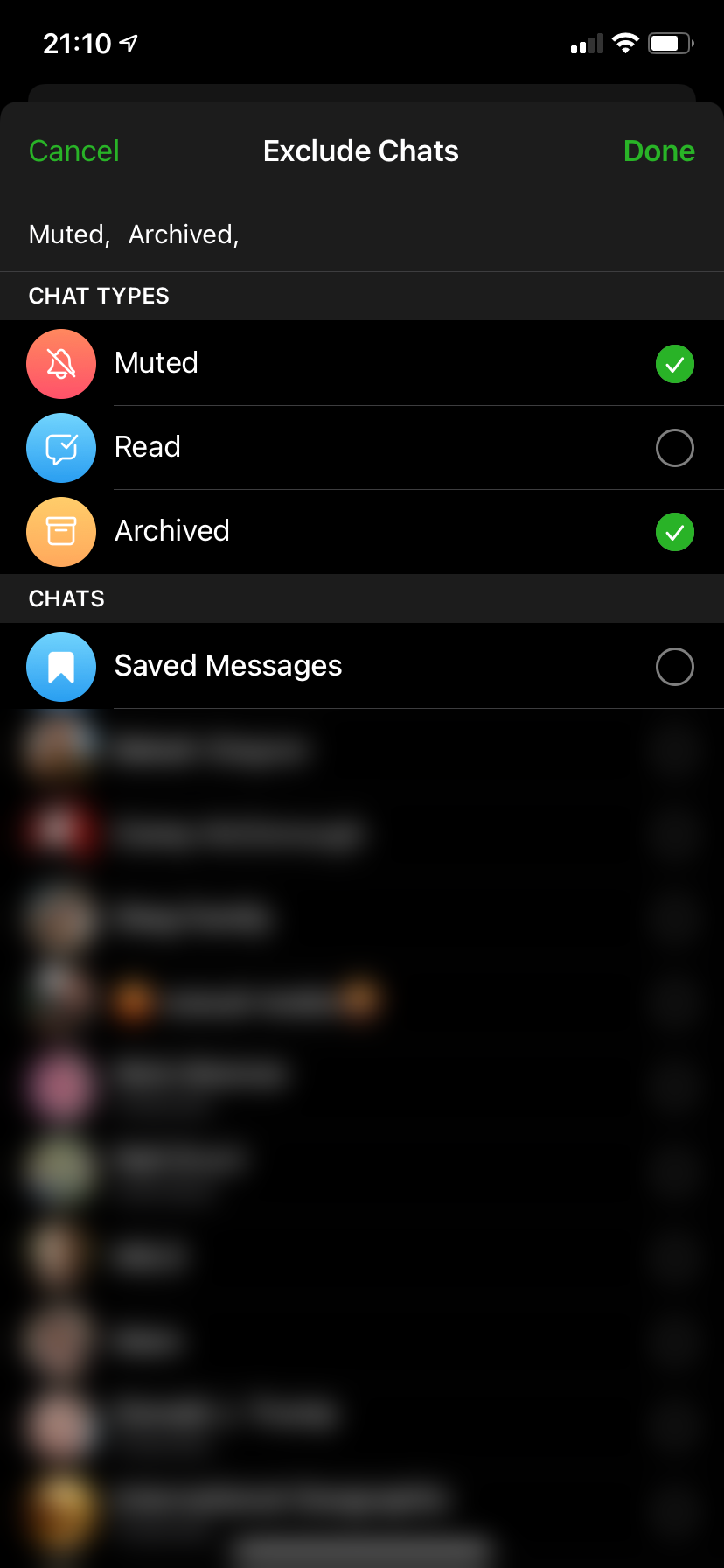 Скриншот: исключения чатов при настройке папки