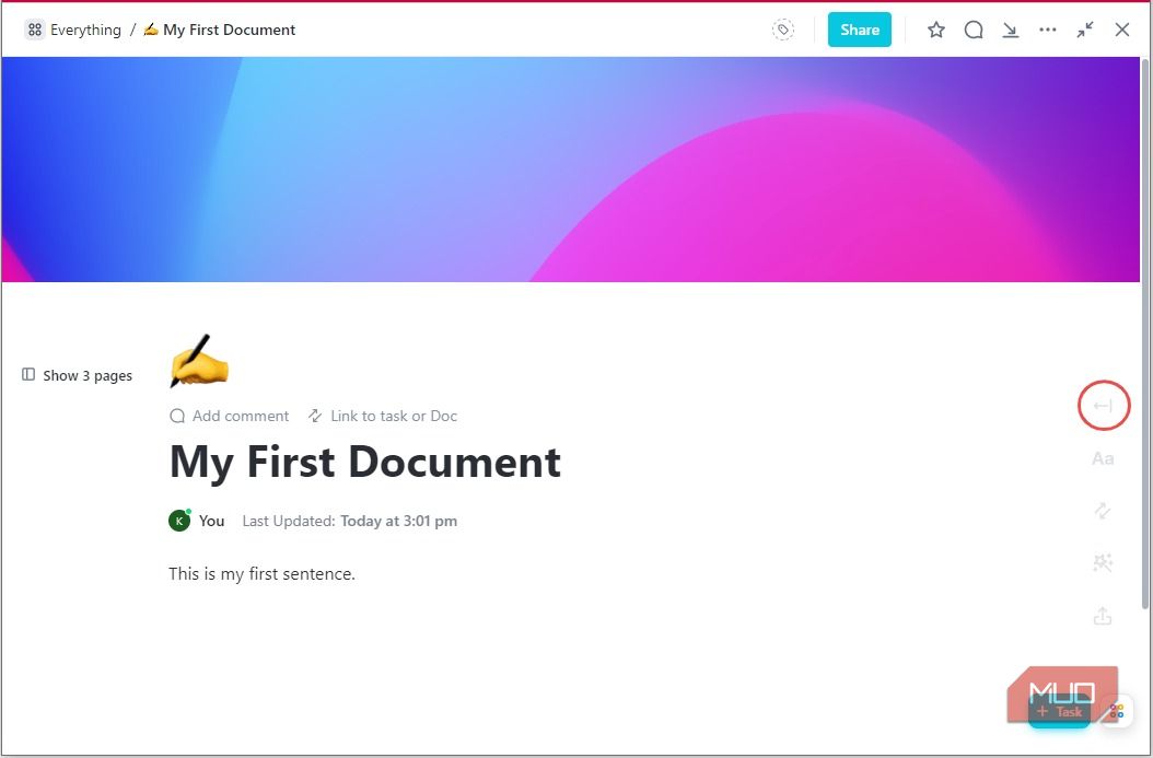 Открыть правую боковую панель в ClickUp Docs