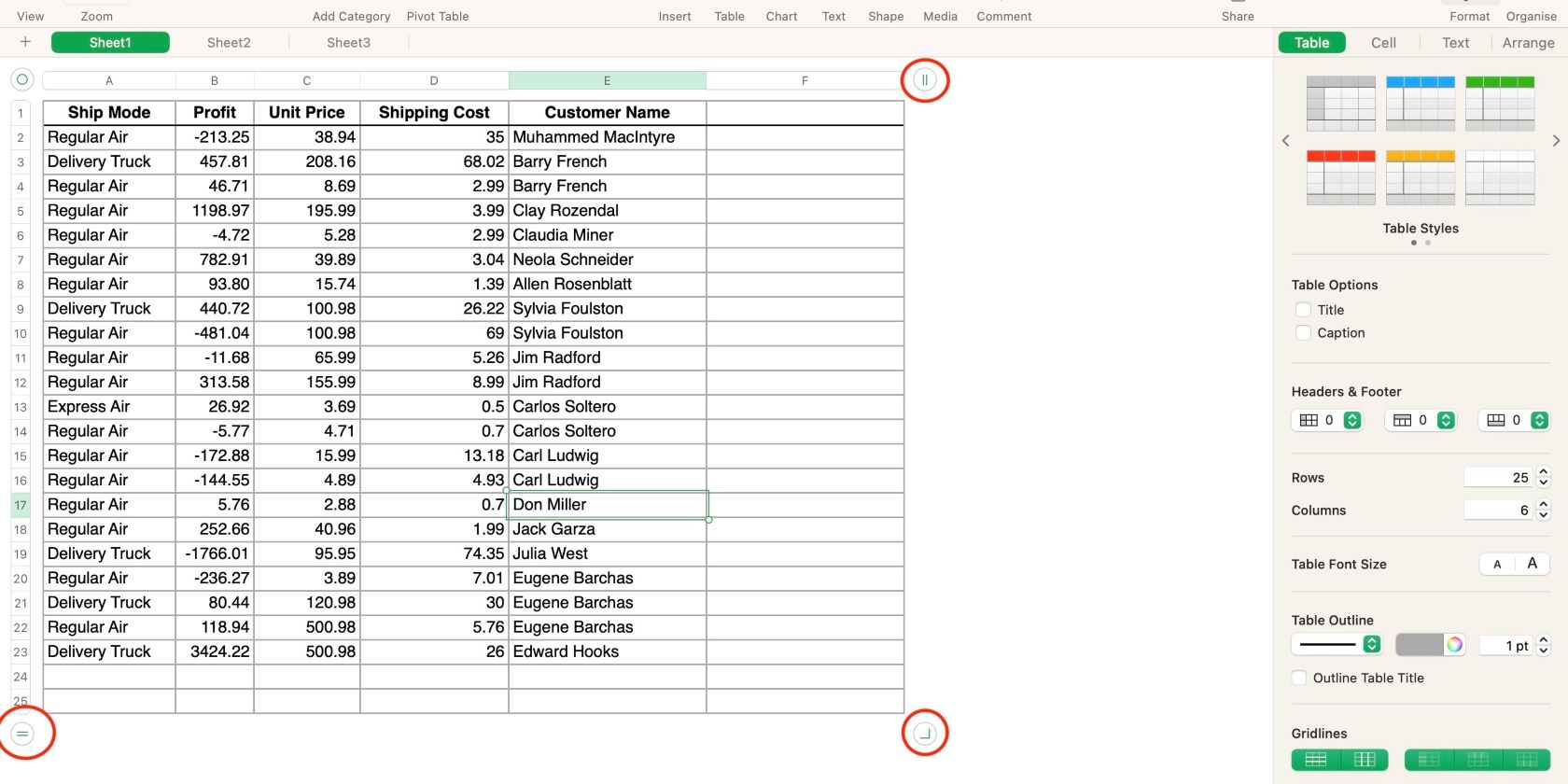 Рабочий лист Numbers с подсветкой кнопок добавления и удаления строк и столбцов