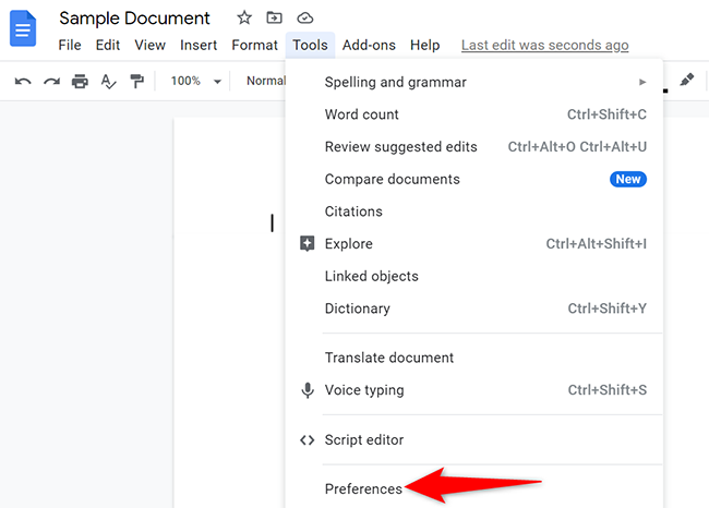 Выберите Инструменты > Настройки в Google Docs