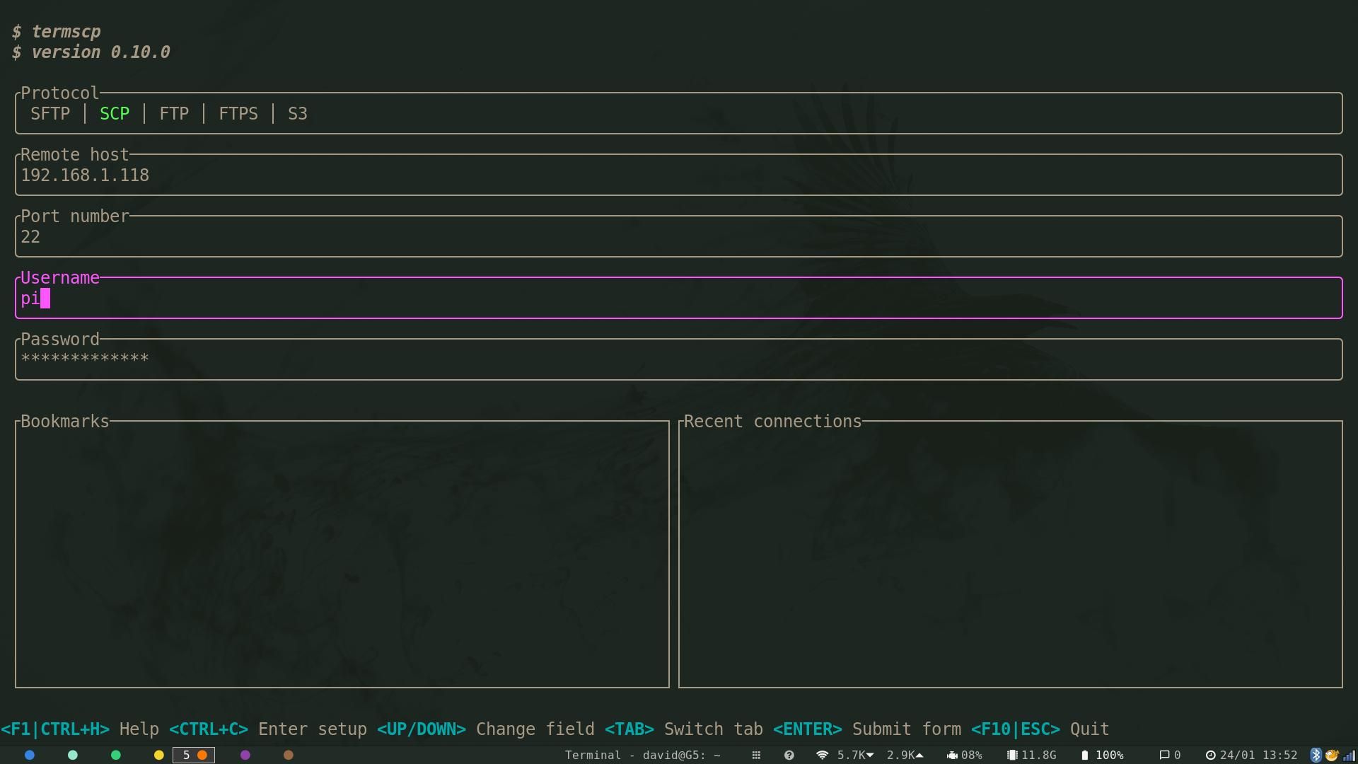 Заполнение данных подключения в termscp