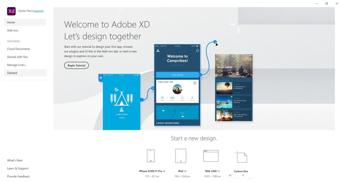 Создание нового проекта в Adobe XD с выбором шаблона устройства