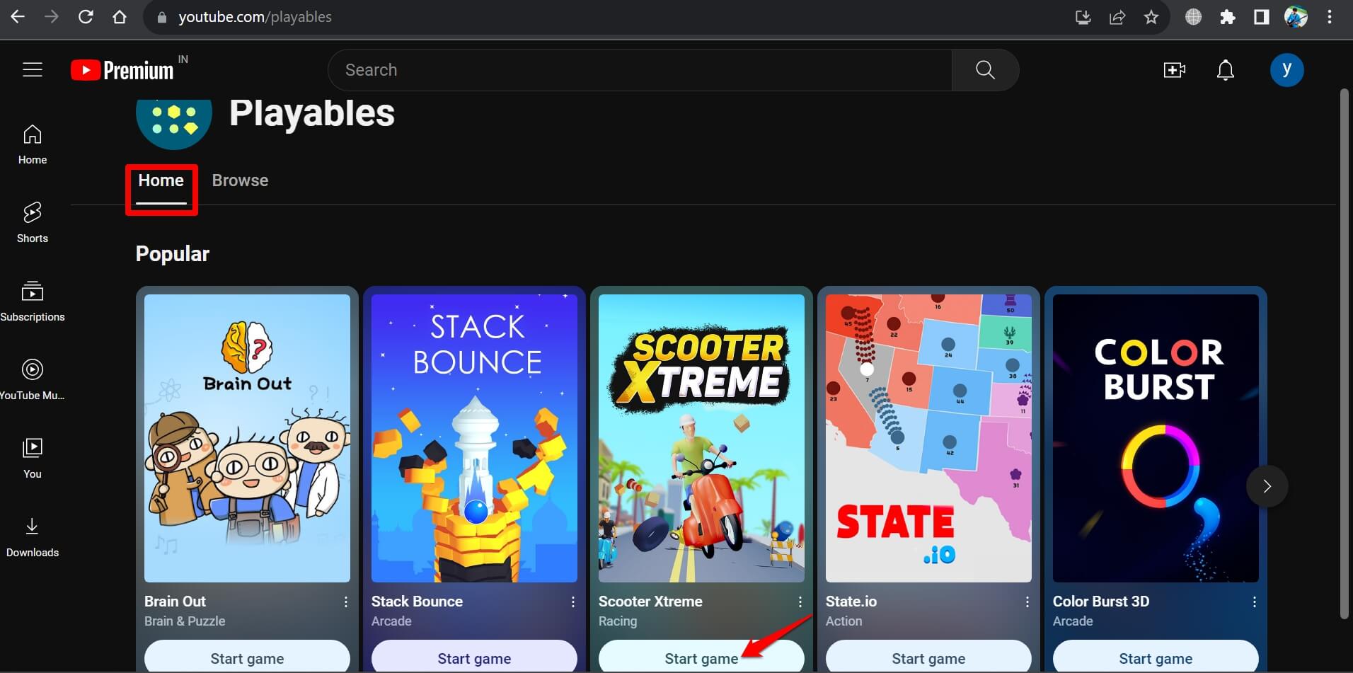 start a game on YouTube